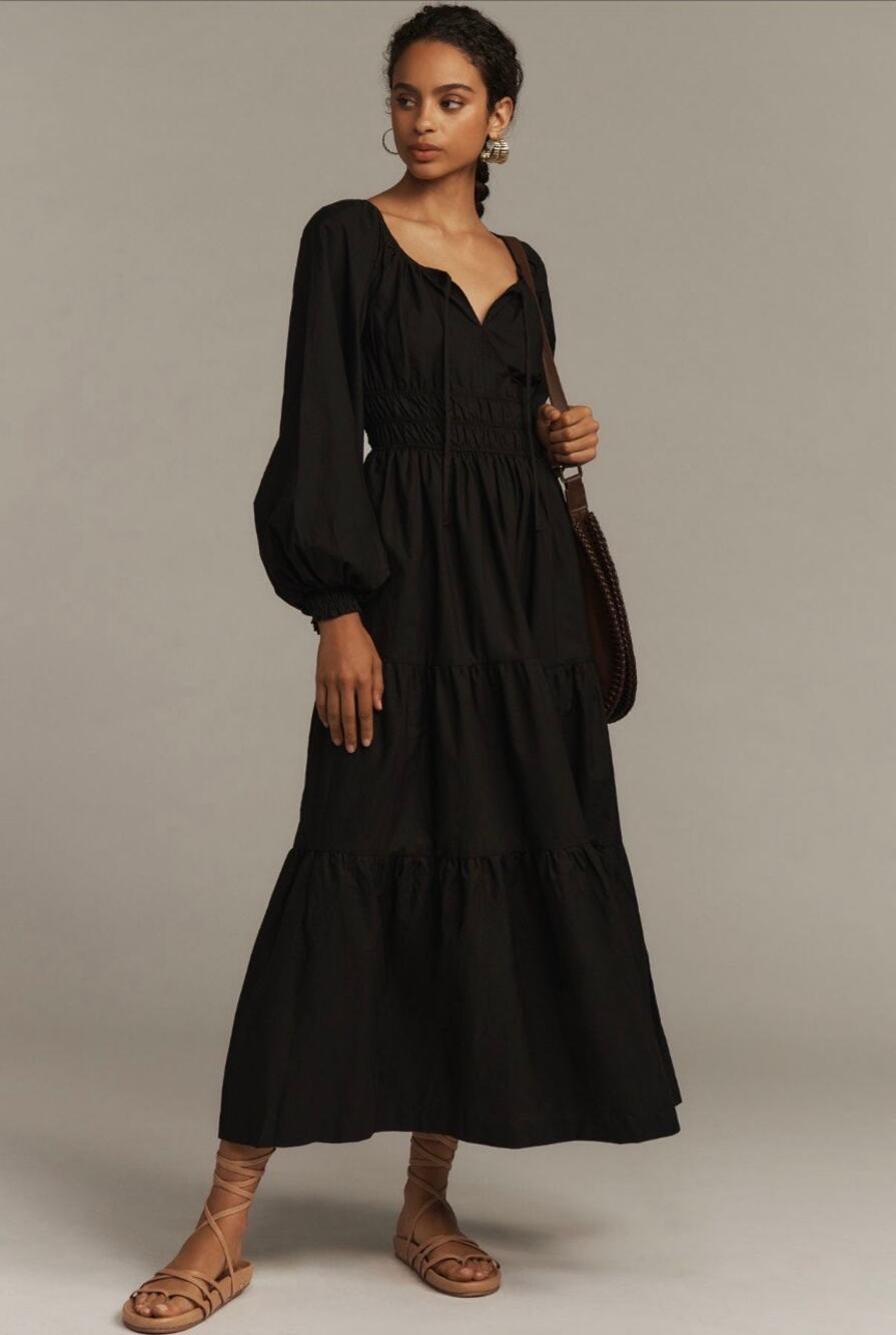 Anthropologie Somerset Maxi Dress Small Black Puff Sleeve Smocked Boho Classic